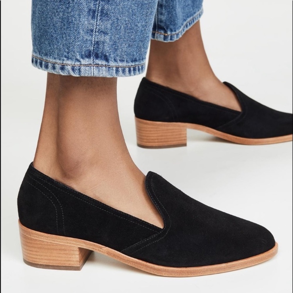 Saludos Sophia Black Leather Suede Block Heel Loafers